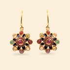 Gold flower earrings with multicolor gemstones, sapphire, ruby, and enamel details