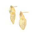 Close-up of gold leaf lattice 925 sterling silver drop earrings with mesh texture by Jewelry by Crimson