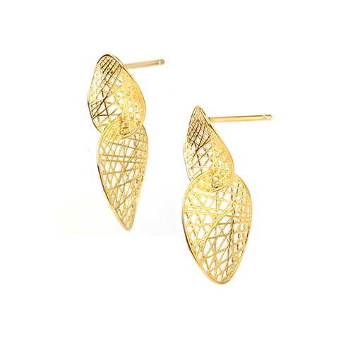 Gold leaf-inspired stud earrings with intricate filigree design, elegant handmade jewelry