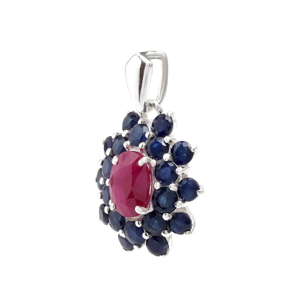 Ruby & Blue Sapphire Flower Cluster Pendant in 925 Sterling Silver