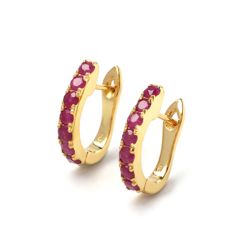 Side view ruby gemstone hoop earrings in hypoallergenic sterling silver, everyday jewelry style