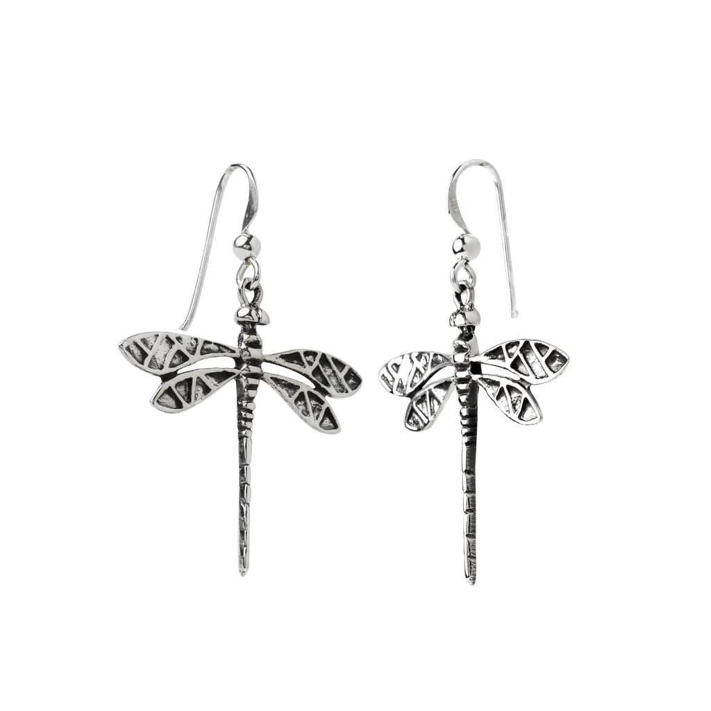 Minimalist sterling silver dragonfly dangle earrings