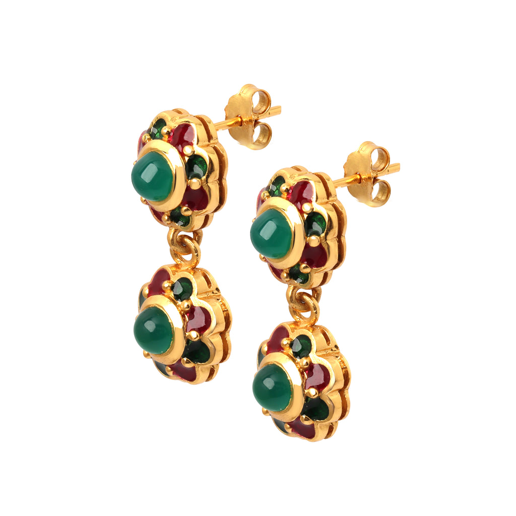Handcrafted emerald flower earrings with red and green enamel accents