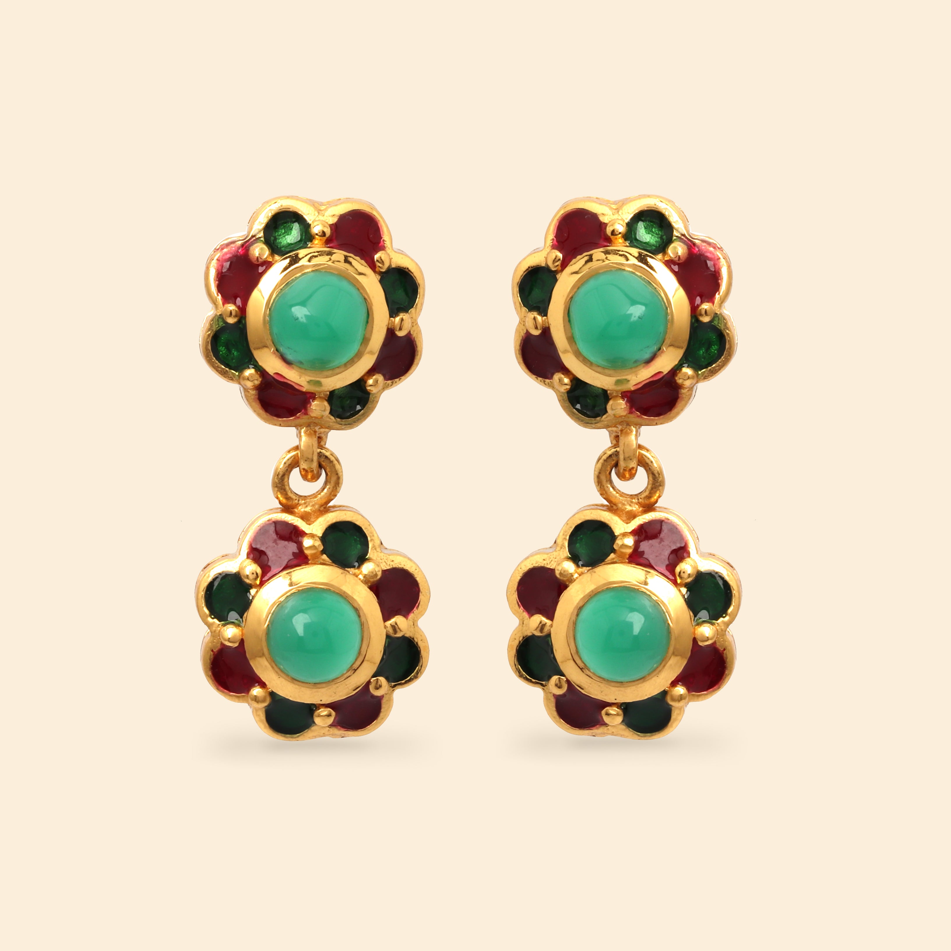Minimalist emerald flower earrings handcrafted in Thailand