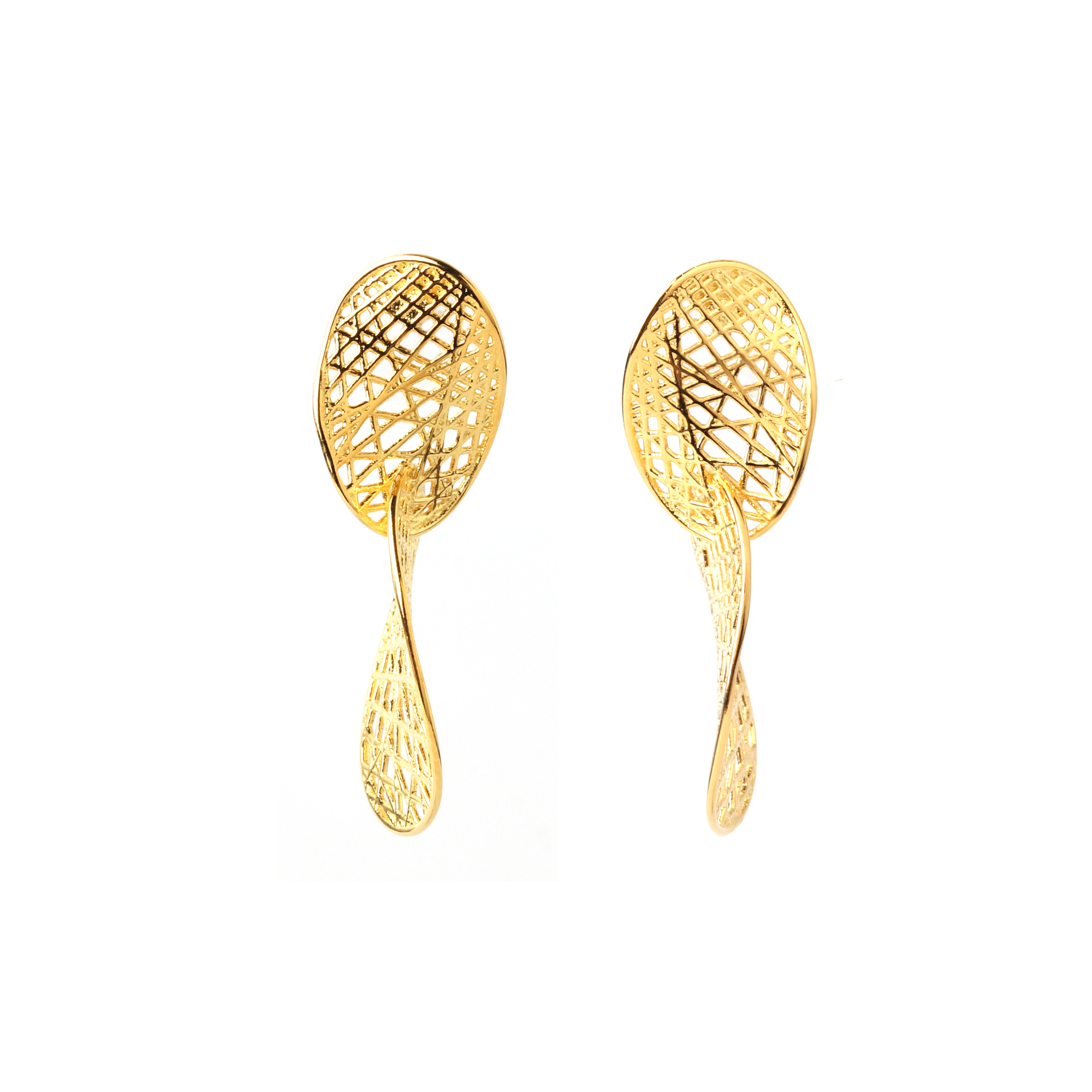 Side view of lightweight hypoallergenic silver leaf drop earrings in gold finish by Jewelry by Crimson