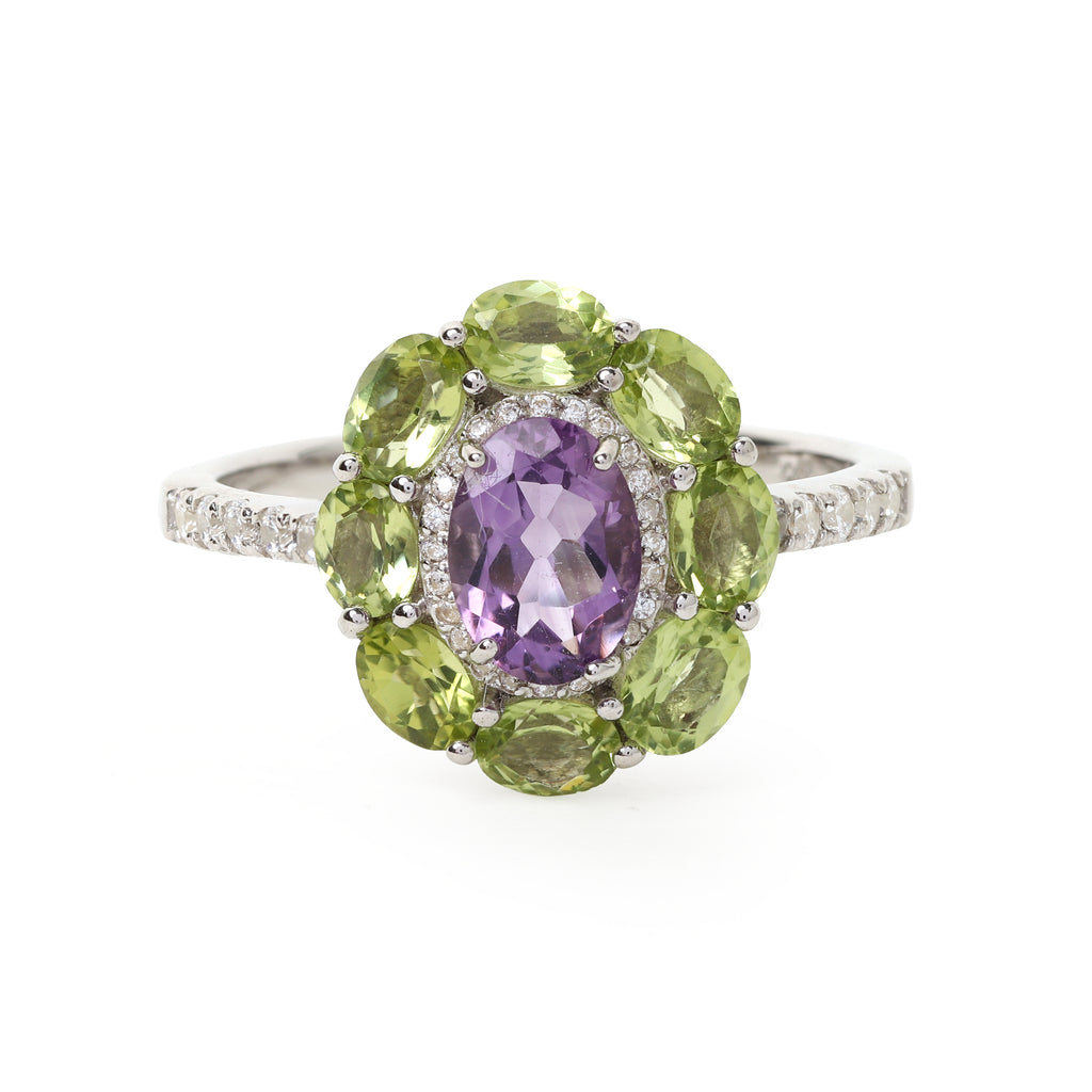 Amethyst and peridot halo ring in 925 sterling silver