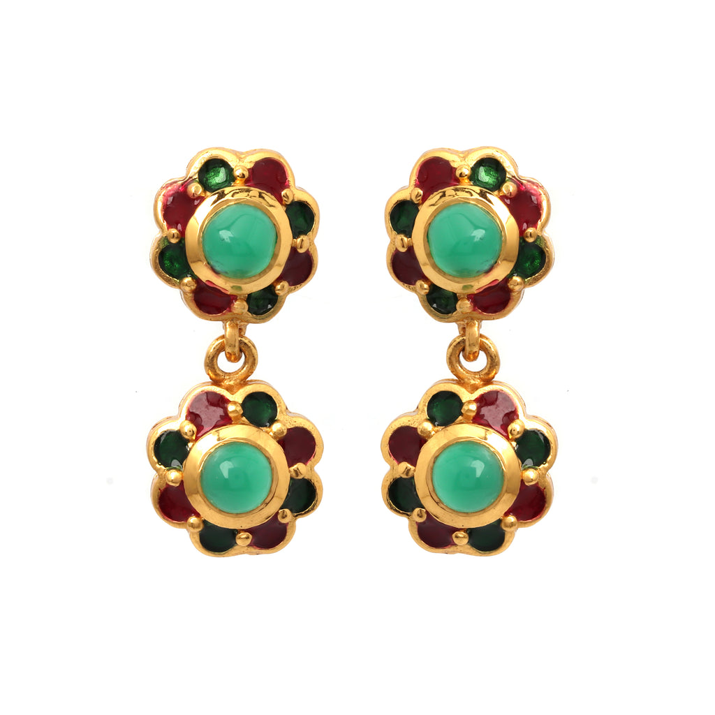 Gold plated emerald floral drop earrings in 925 sterling silver