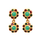 Gold flower earrings with green and red gemstones, elegant dangle design for women