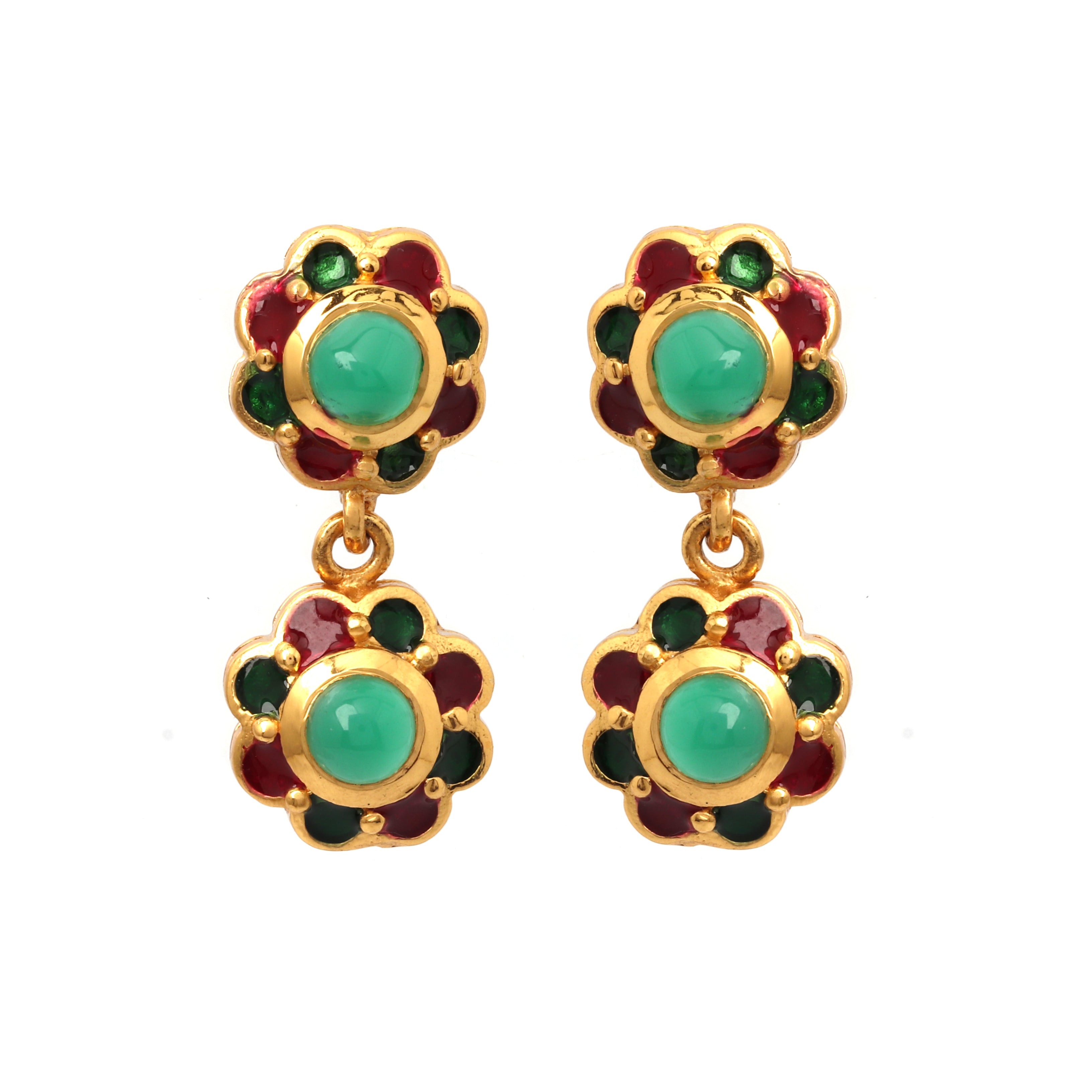 Gold plated emerald floral drop earrings in 925 sterling silver