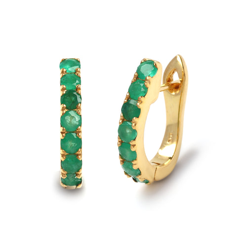 Close-up of 925 sterling silver emerald hoop earrings with gold finish by Jewelry by Crimson