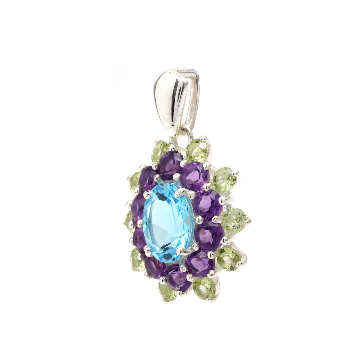 Blue Topaz, Amethyst & Peridot Flower Cluster Pendant in 925 Sterling Silver