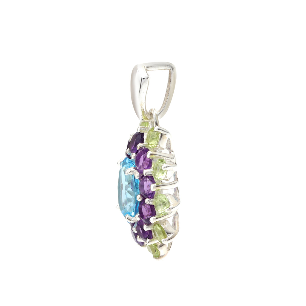Blue Topaz, Amethyst & Peridot Flower Cluster Pendant in 925 Sterling Silver