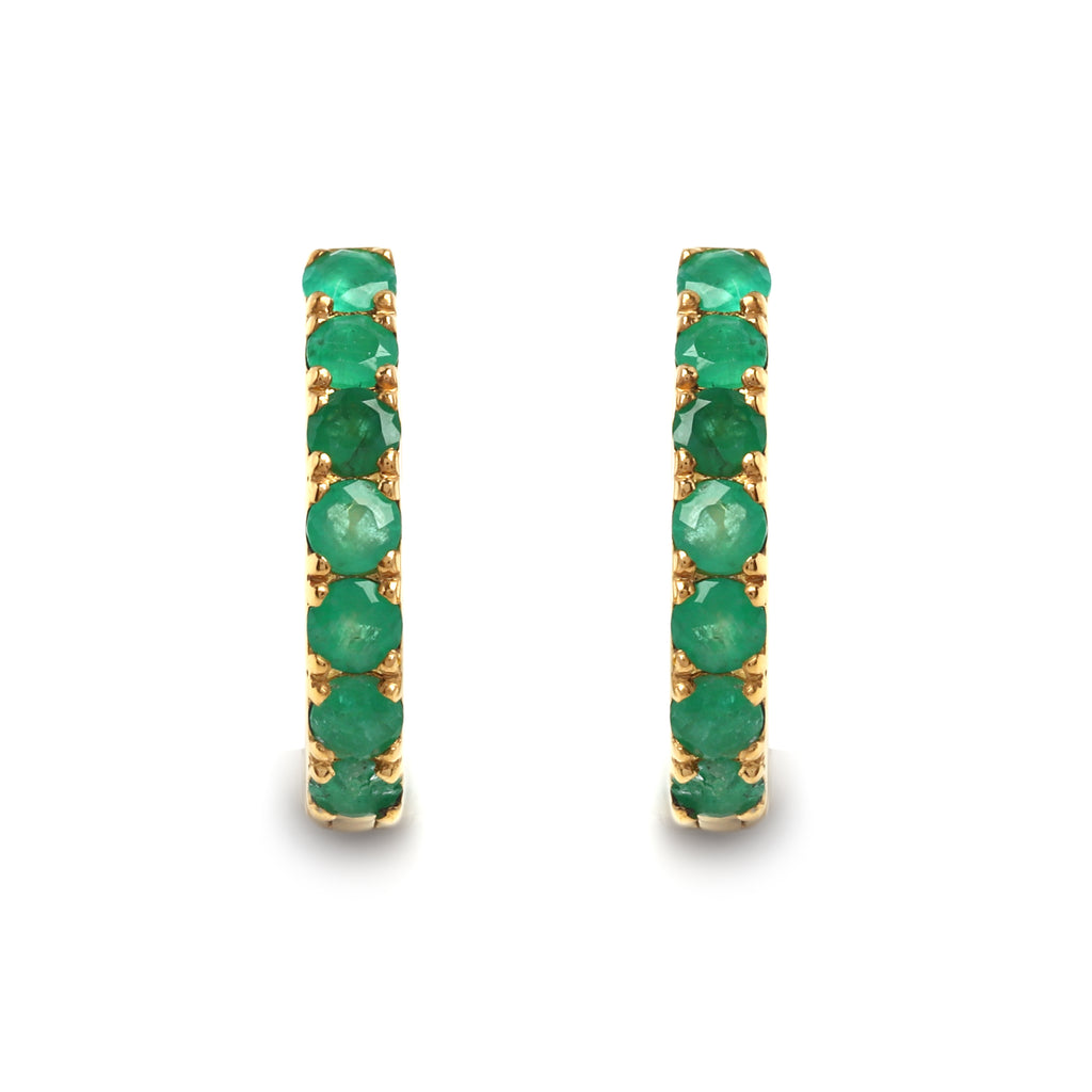 Prong-set emerald gemstones on gold-finished 925 sterling silver hoop earrings