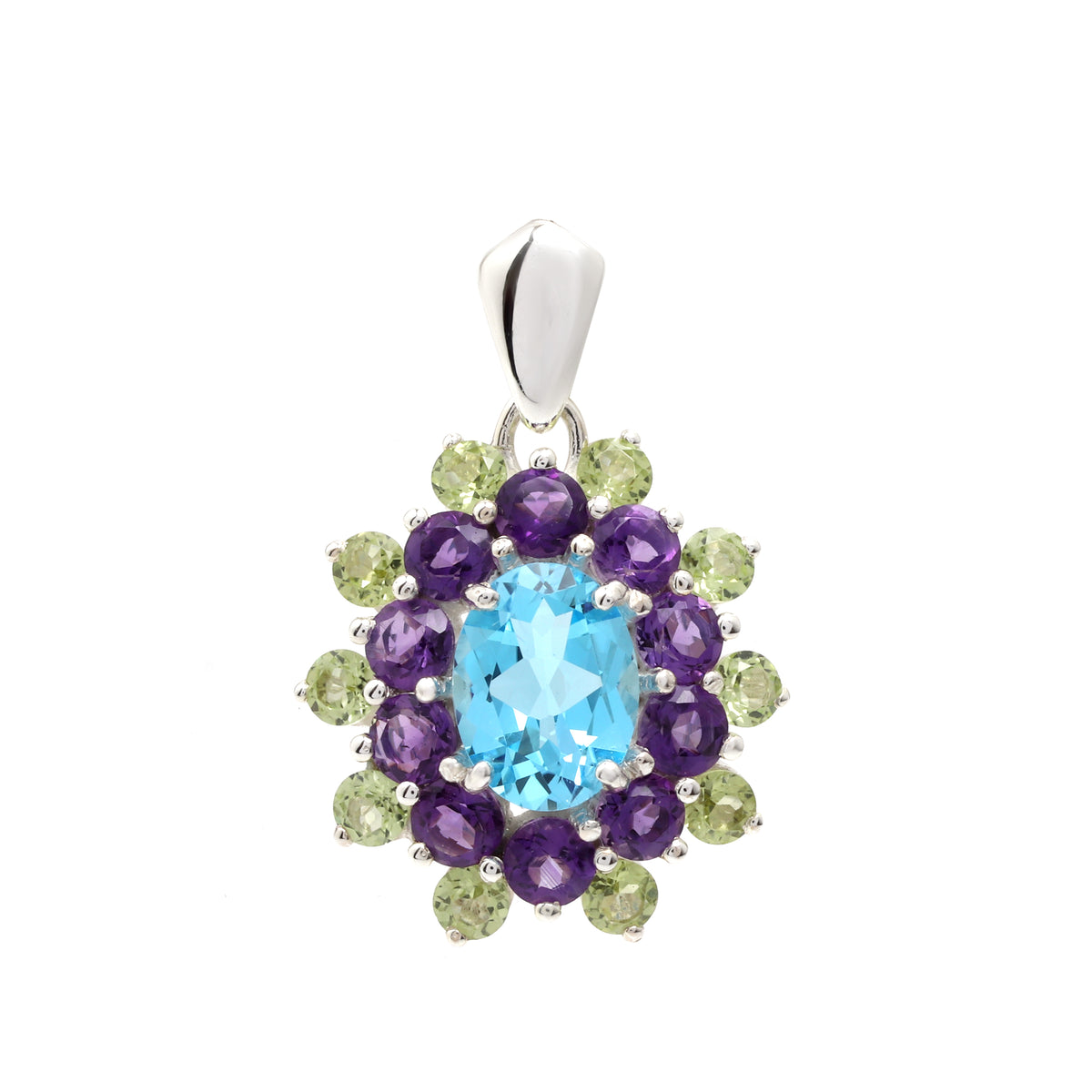 Blue Topaz, Amethyst & Peridot Flower Cluster Pendant in 925 Sterling Silver