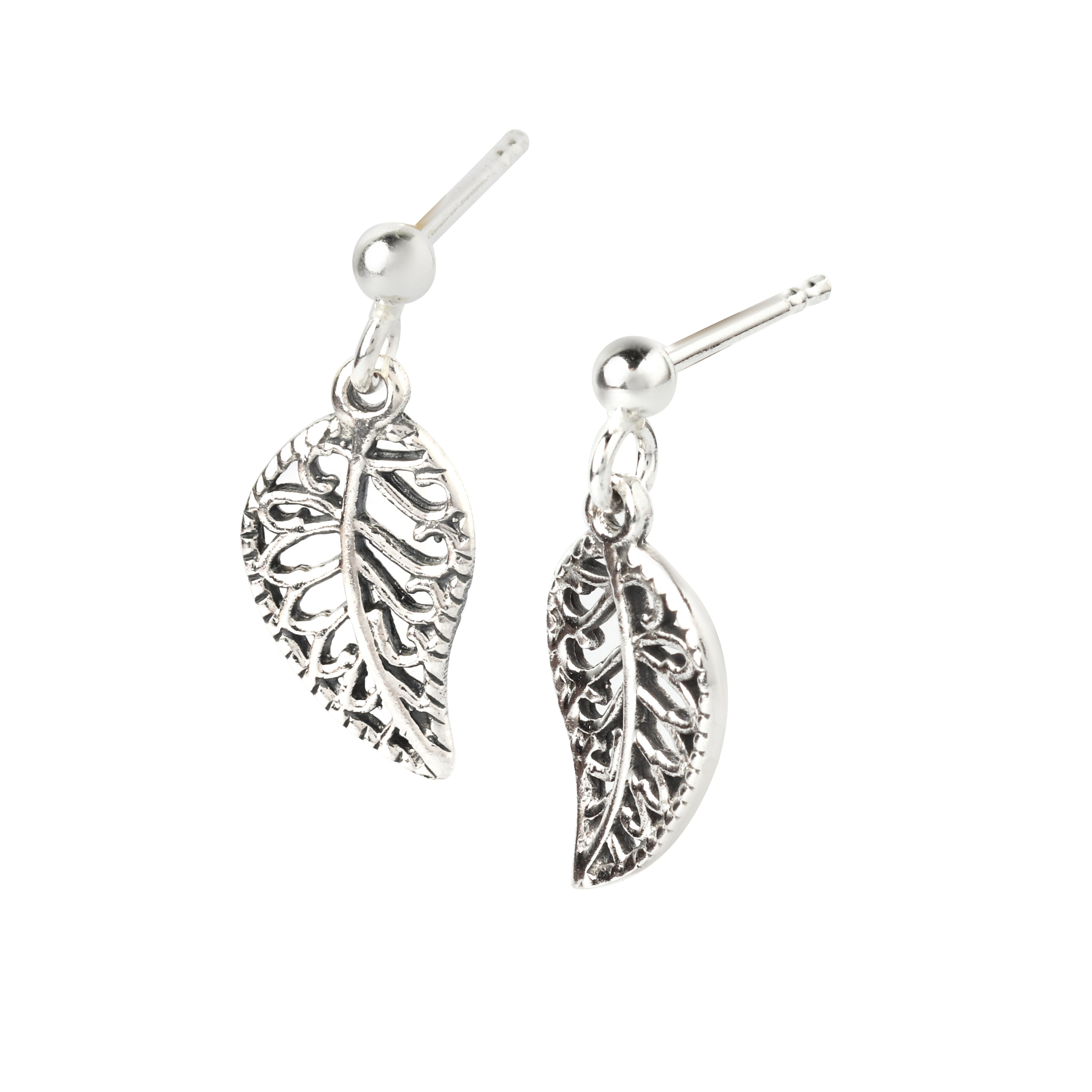 Detailed view of sculpted leaf veins in lightweight sterling silver earrings