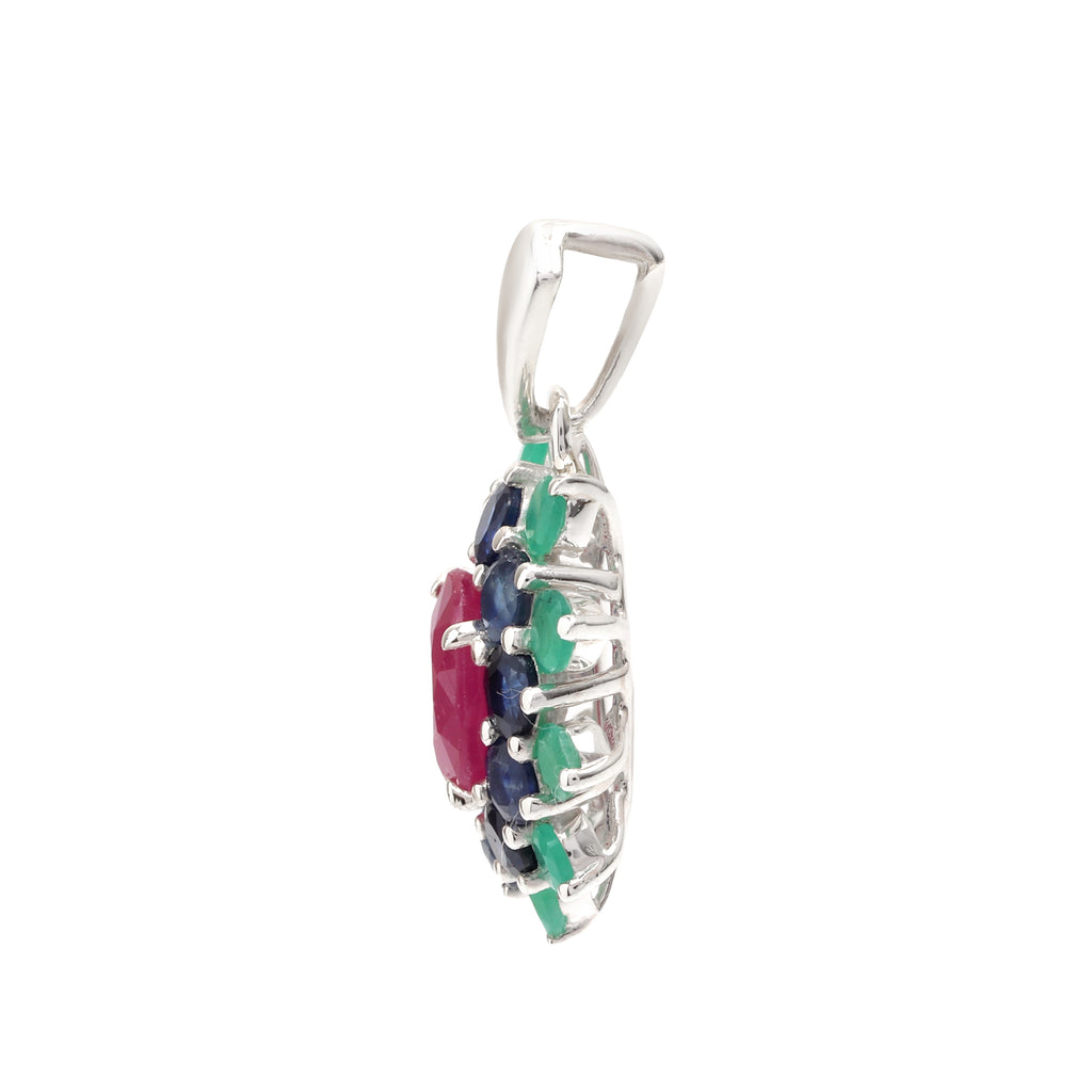 Ruby, Blue Sapphire & Emerald Flower Cluster Pendant in 925 Sterling Silver