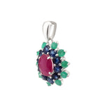 Ruby, Blue Sapphire & Emerald Flower Cluster Pendant in 925 Sterling Silver