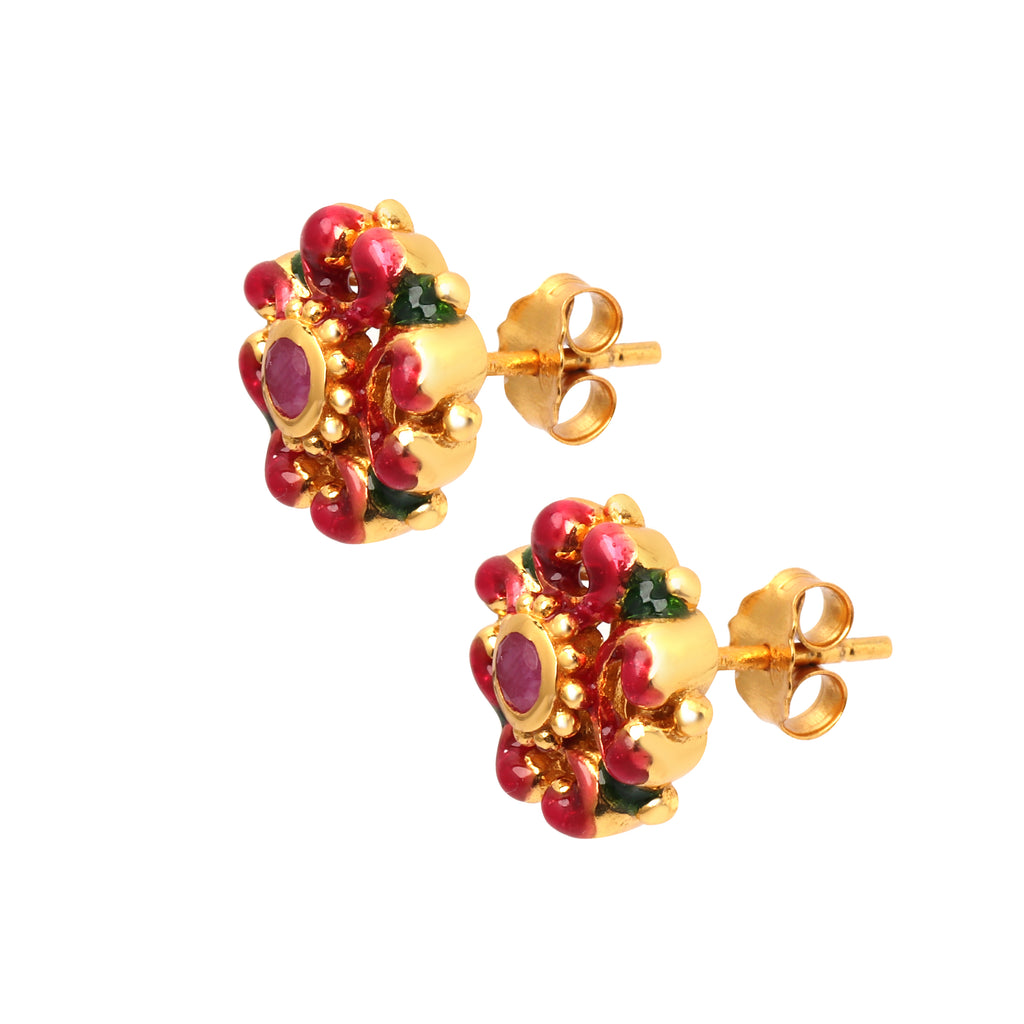 Handcrafted ruby flower earrings with intricate enamel detailing