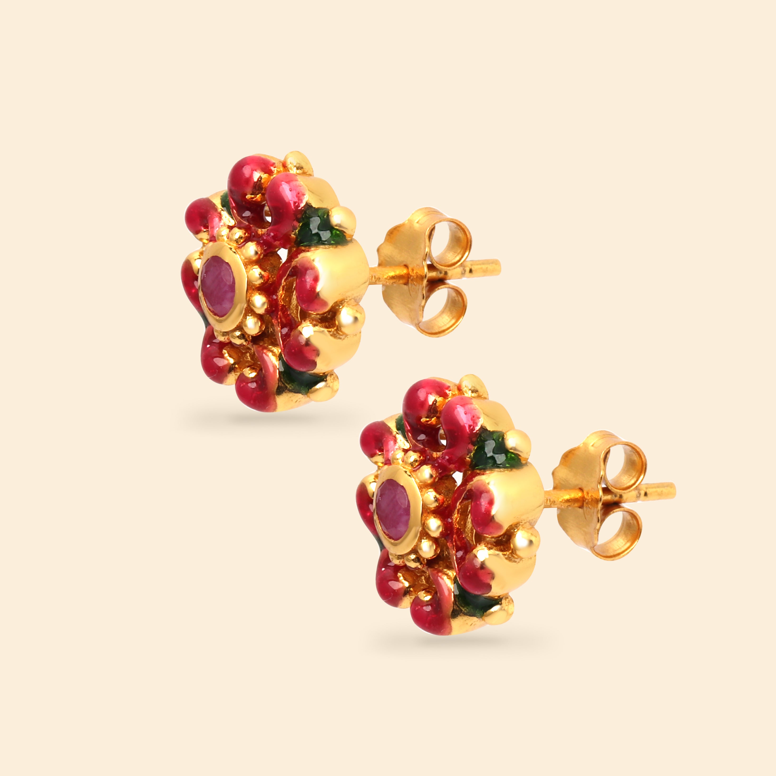 Luxury sterling silver ruby earrings with red enamel accents