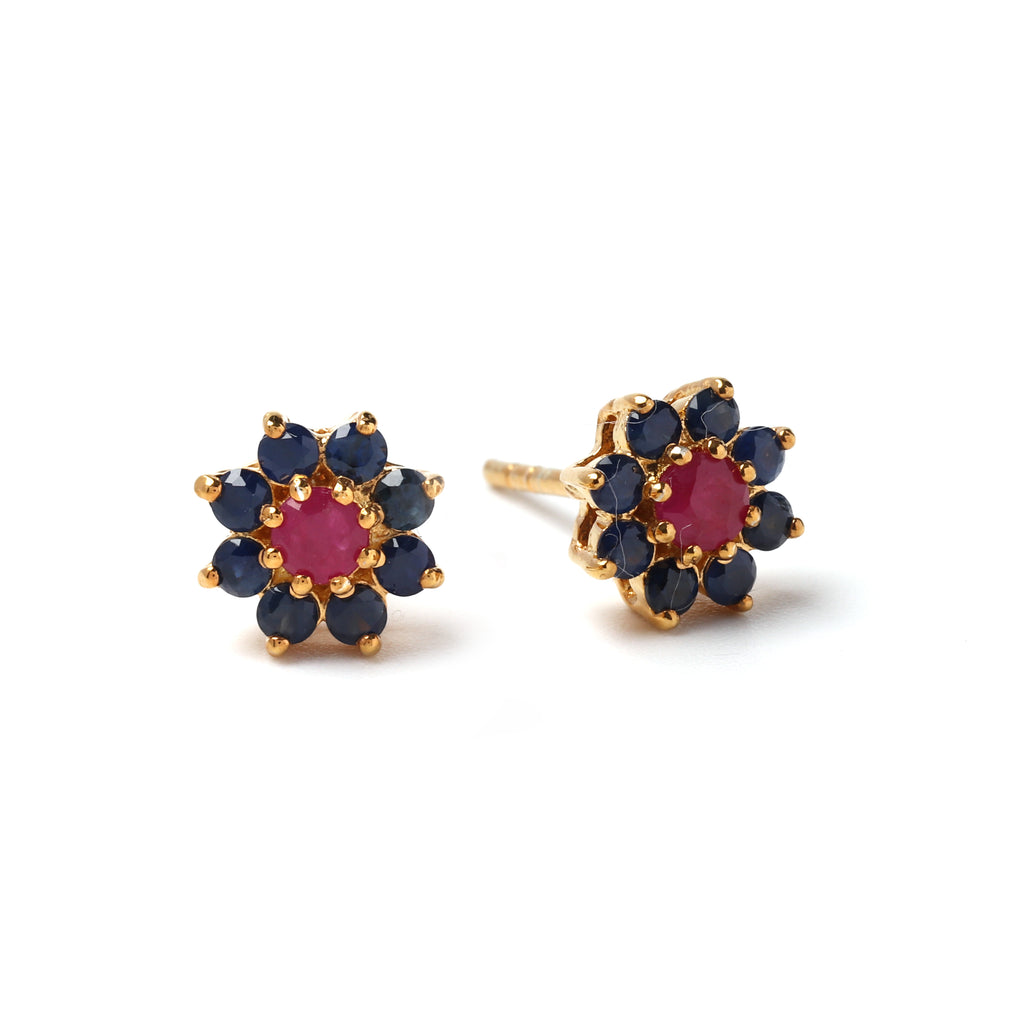 Elegant ruby gemstone stud earrings with blue sapphire accents