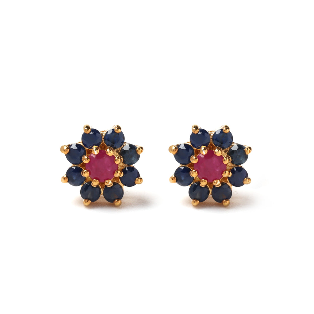 Ruby and blue sapphire flower stud earrings in gold plated sterling silver
