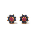 Ruby and blue sapphire flower stud earrings in gold plated sterling silver