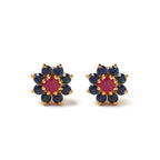 Ruby and sapphire flower stud earrings in gold, handcrafted gemstone jewelry