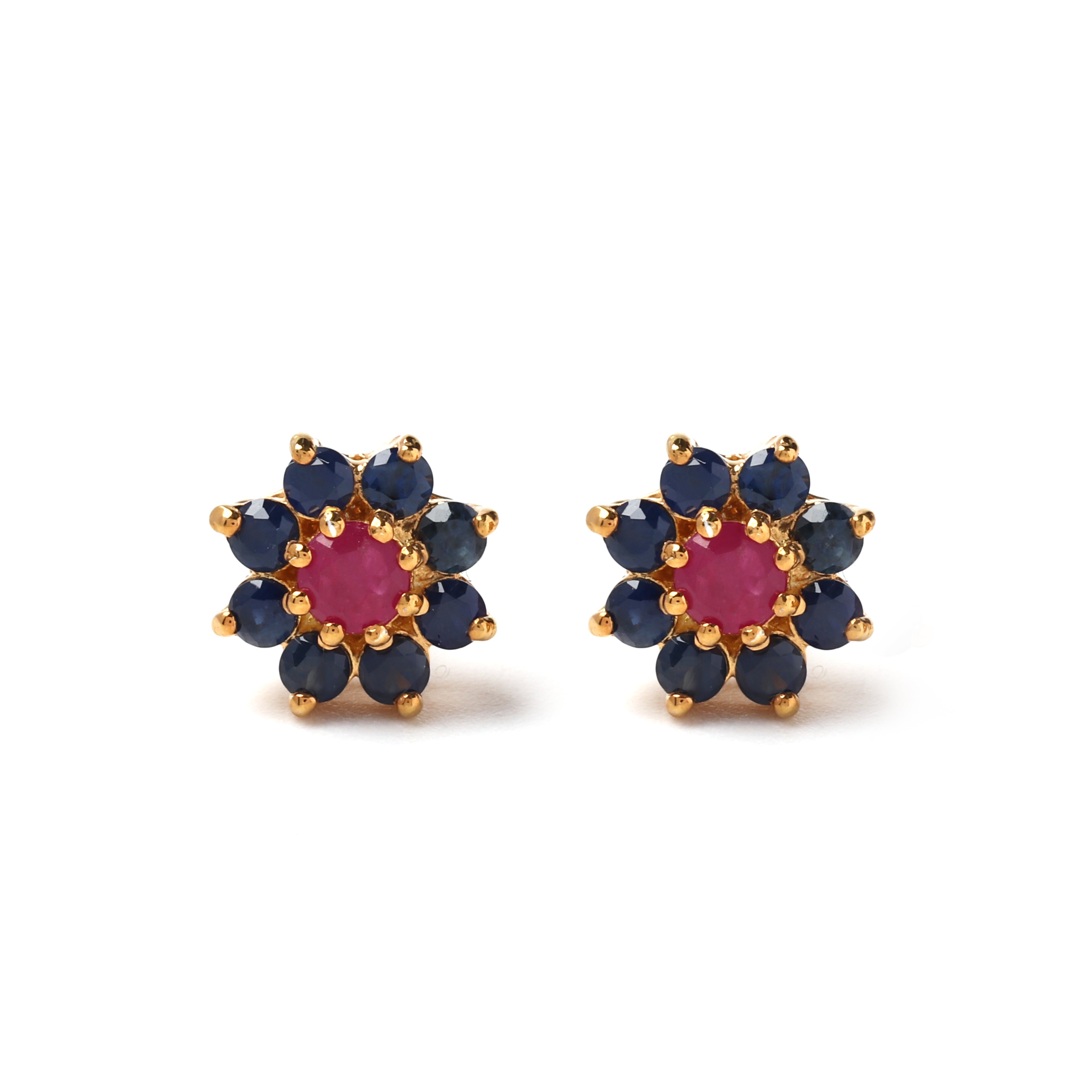 Ruby and blue sapphire flower stud earrings in gold plated sterling silver