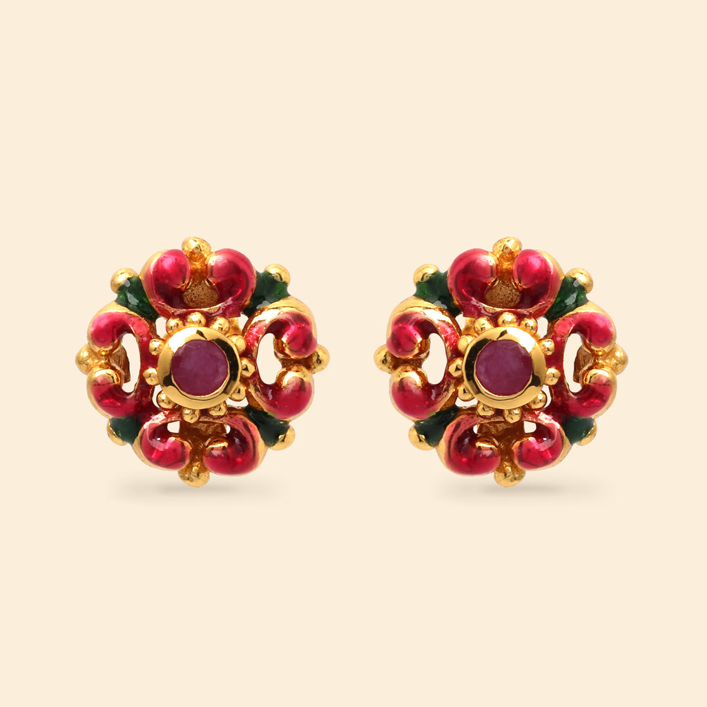 Minimalist ruby earrings featuring handcrafted floral design