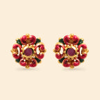 Ruby and green enamel floral stud earrings in gold tone, handcrafted gemstone jewelry