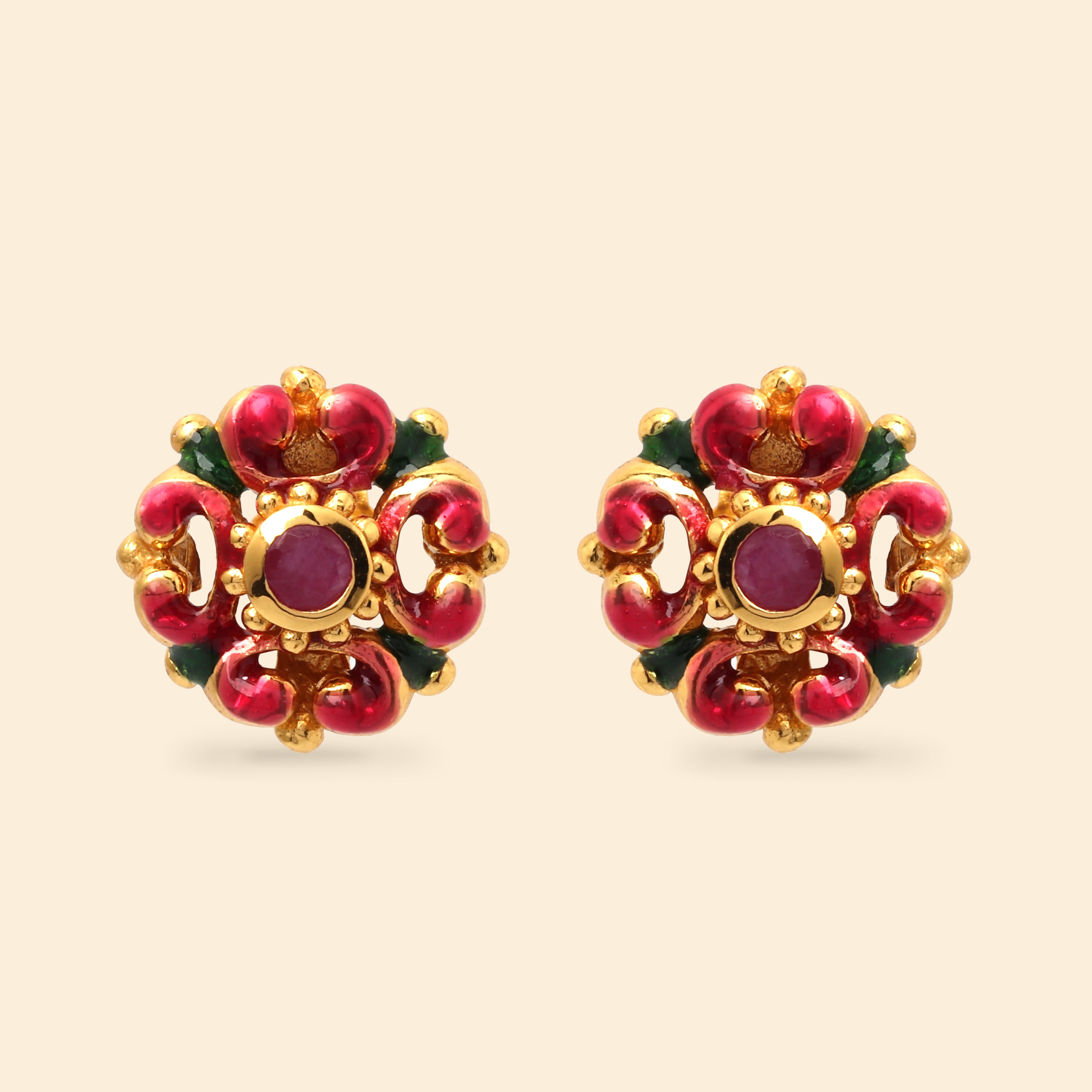 Minimalist ruby earrings featuring handcrafted floral design
