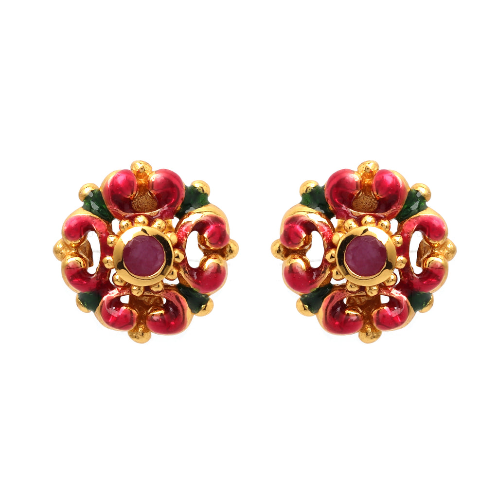 Gold plated ruby floral stud earrings in 925 sterling silver