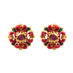 Gold-tone floral stud earrings with red enamel and central ruby gemstone, handcrafted gemstone jewelry