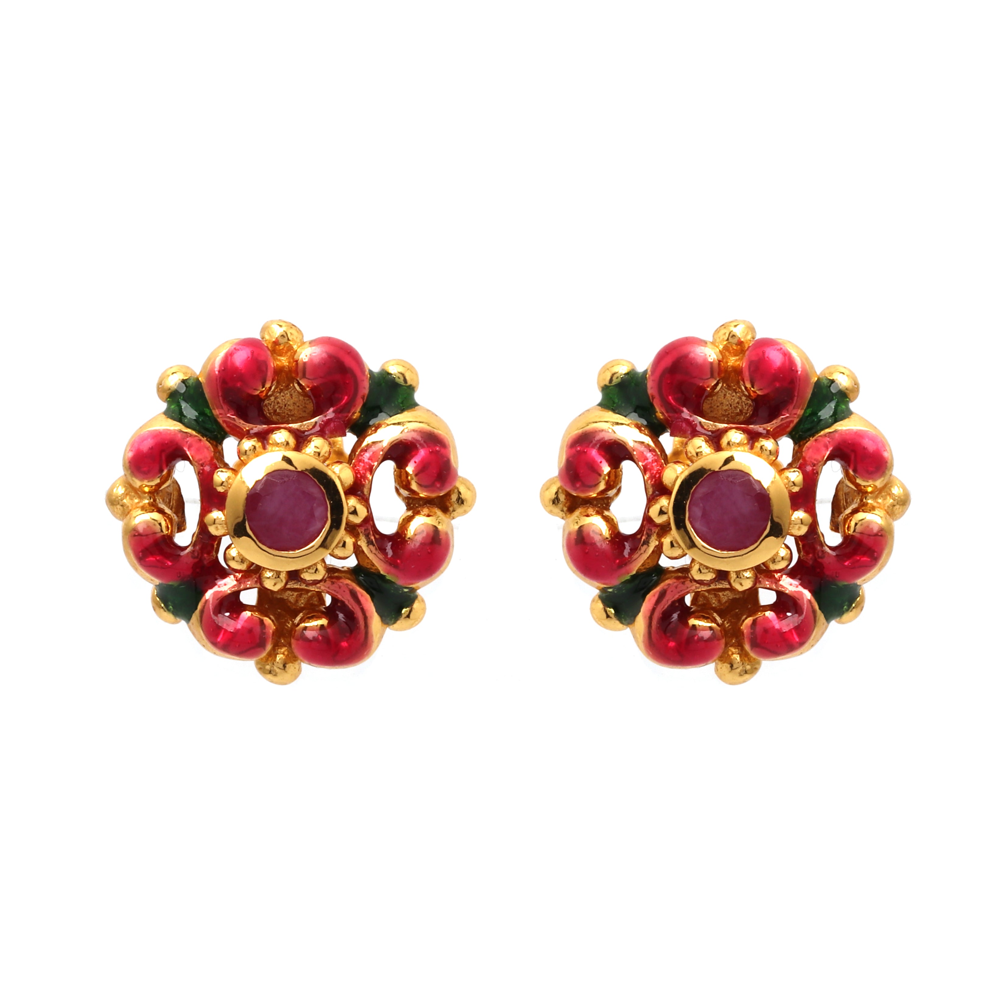 Gold plated ruby floral stud earrings in 925 sterling silver