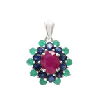Ruby, Blue Sapphire & Emerald Flower Cluster Pendant in 925 Sterling Silver