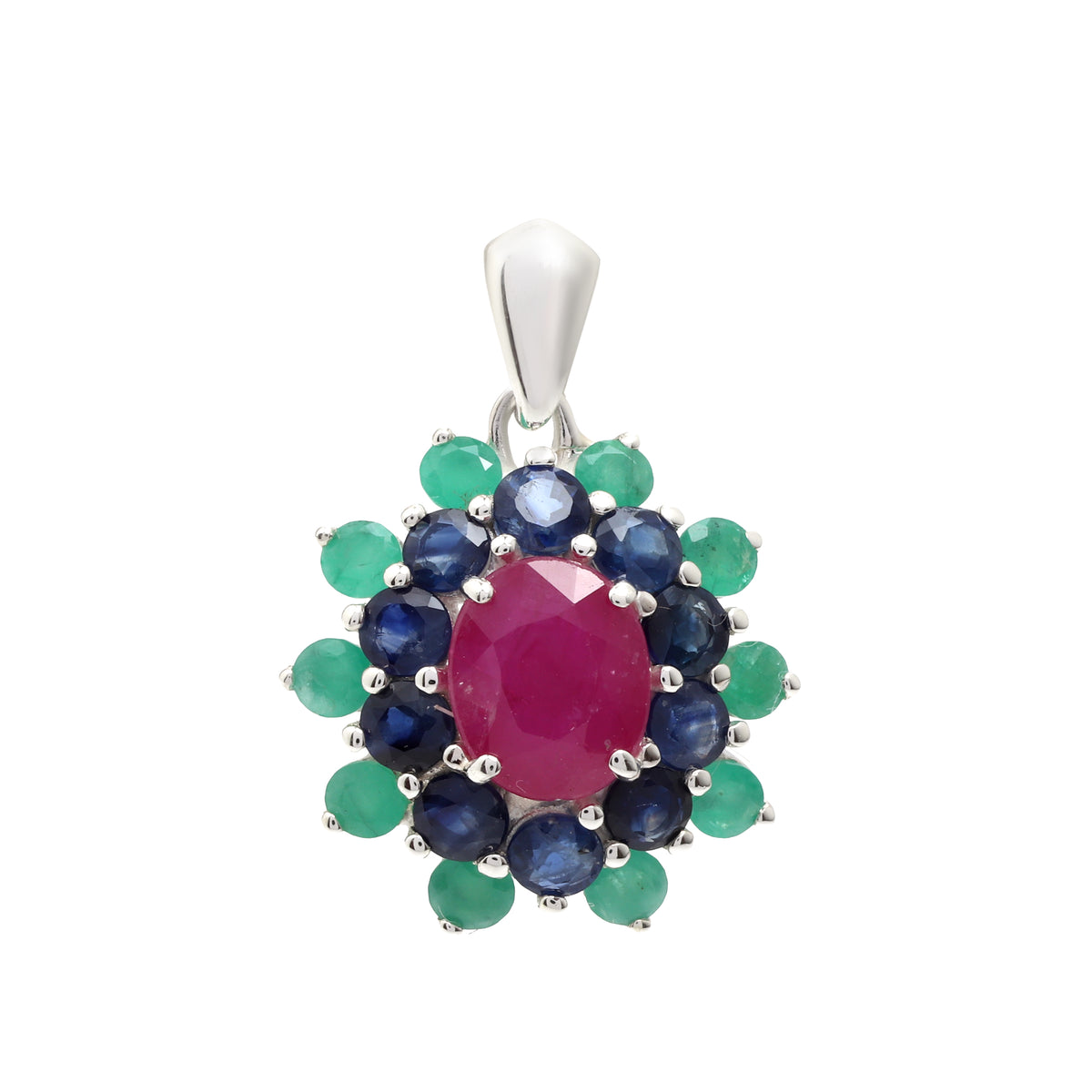 Ruby, Blue Sapphire & Emerald Flower Cluster Pendant in 925 Sterling Silver