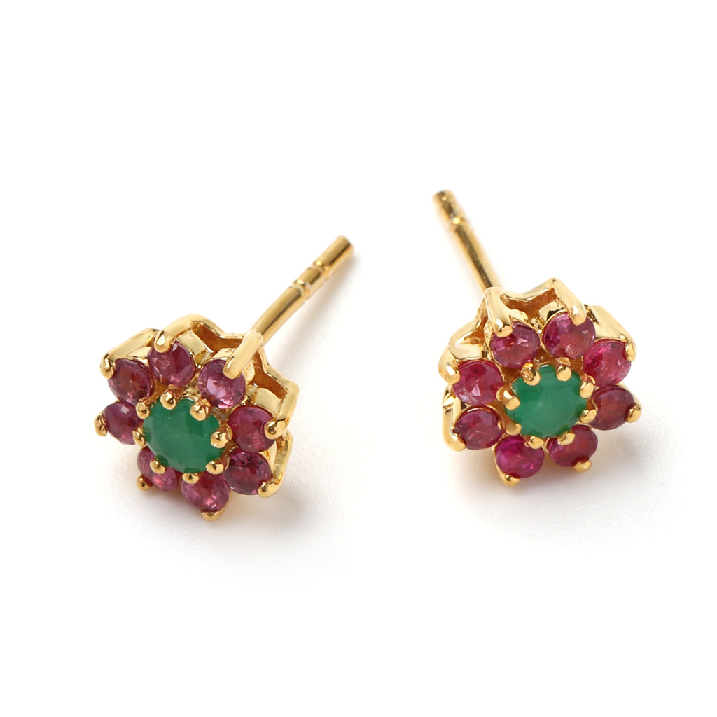 Floral emerald ruby stud earrings in hypoallergenic 925 sterling silver, front view on white background