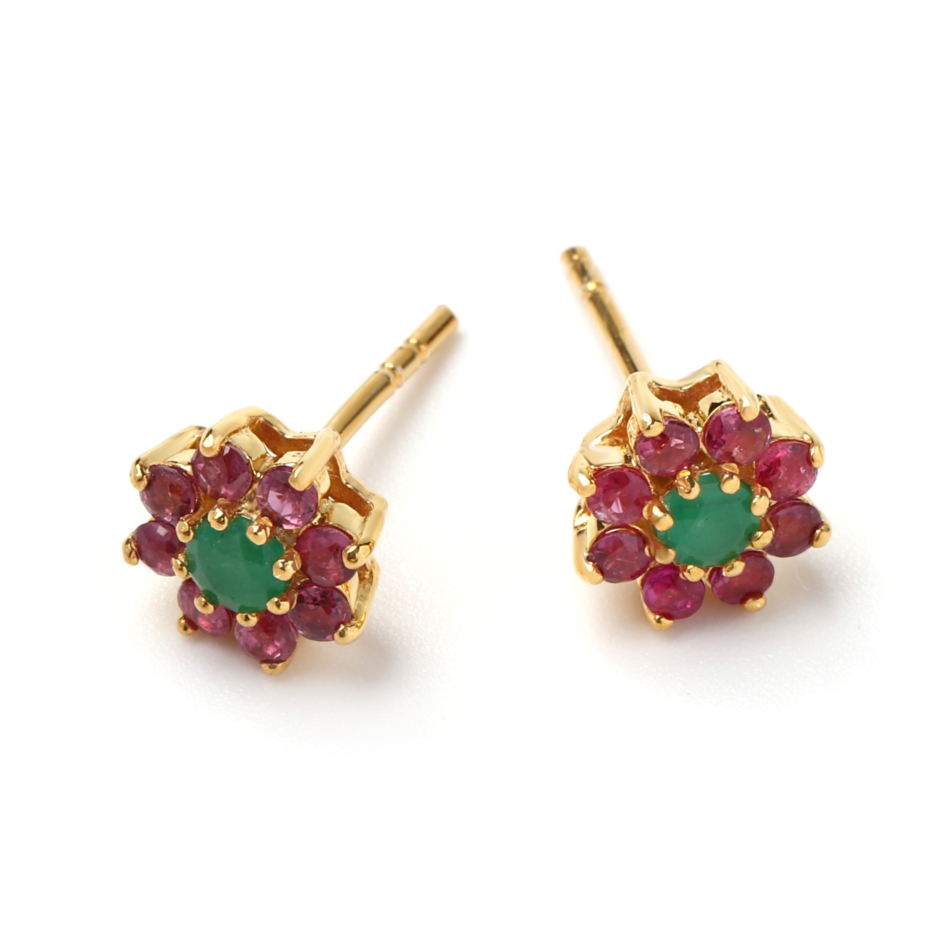 Floral emerald ruby stud earrings in hypoallergenic 925 sterling silver, front view on white background