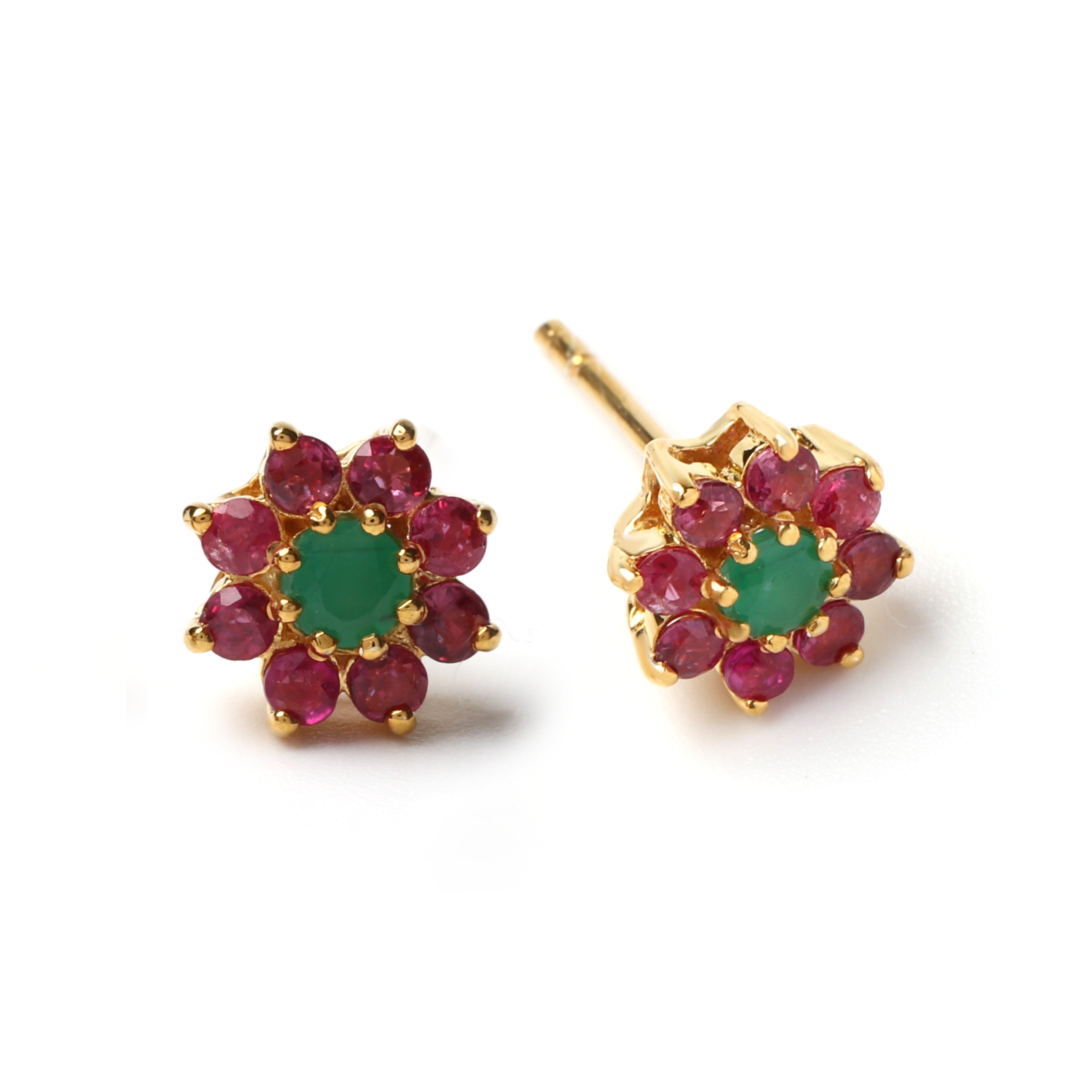 Floral emerald ruby stud earrings in hypoallergenic 925 sterling silver, front view on white background