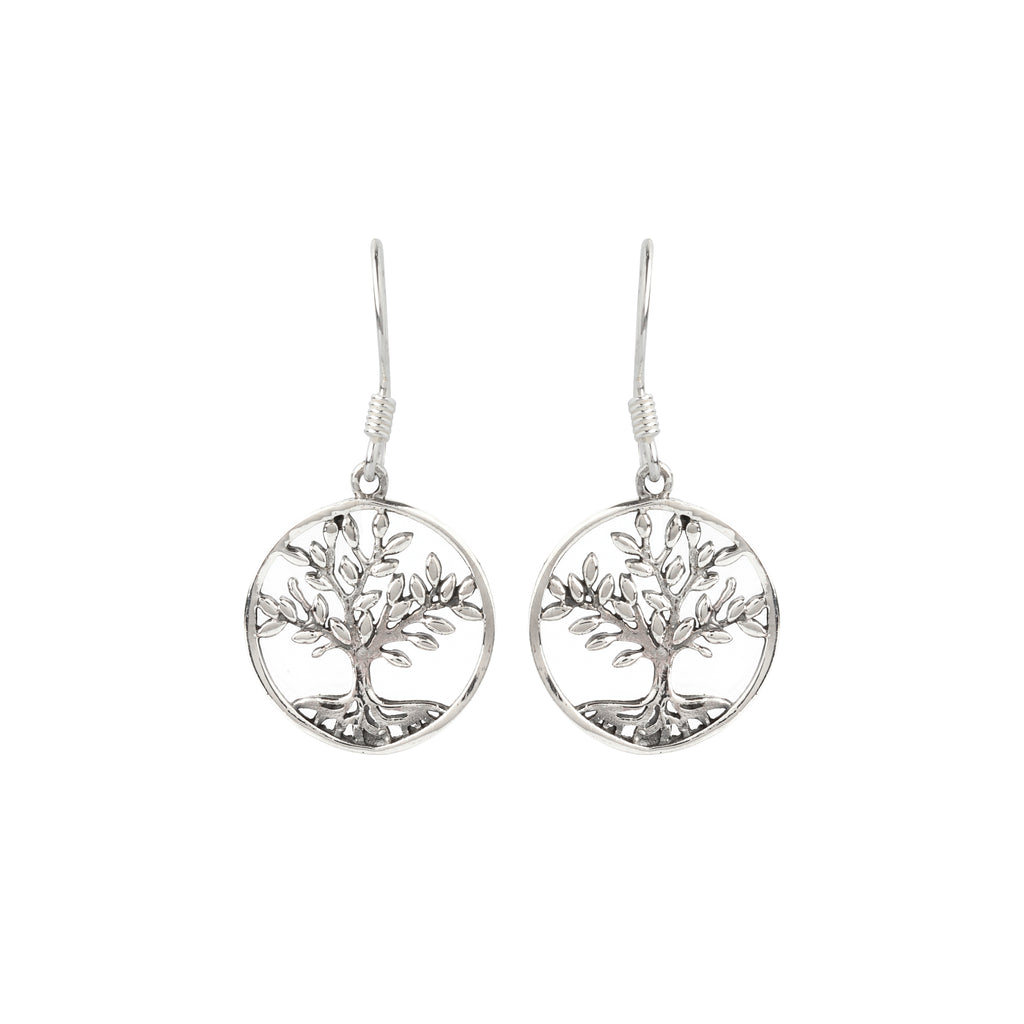 Close-up of tree motif 925 sterling silver drop earrings with circular frame by Jewelry by Crimson