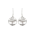Close-up of tree motif 925 sterling silver drop earrings with circular frame by Jewelry by Crimson