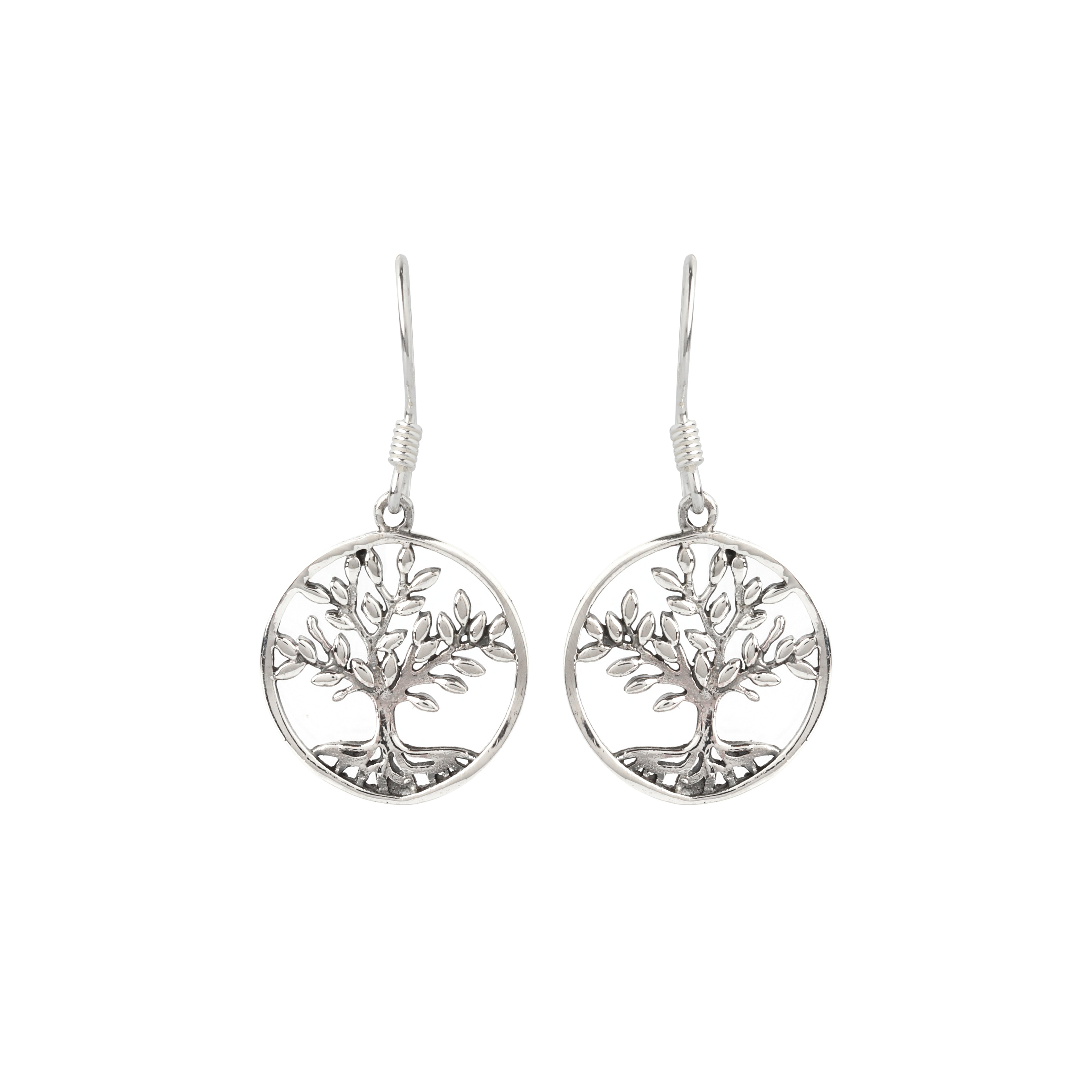Close-up of tree motif 925 sterling silver drop earrings with circular frame by Jewelry by Crimson