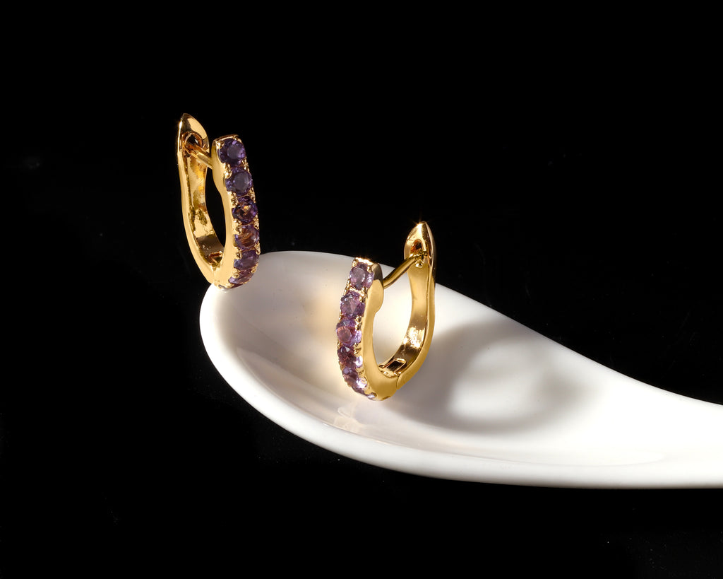 Purple amethyst gold hoop earrings — side view