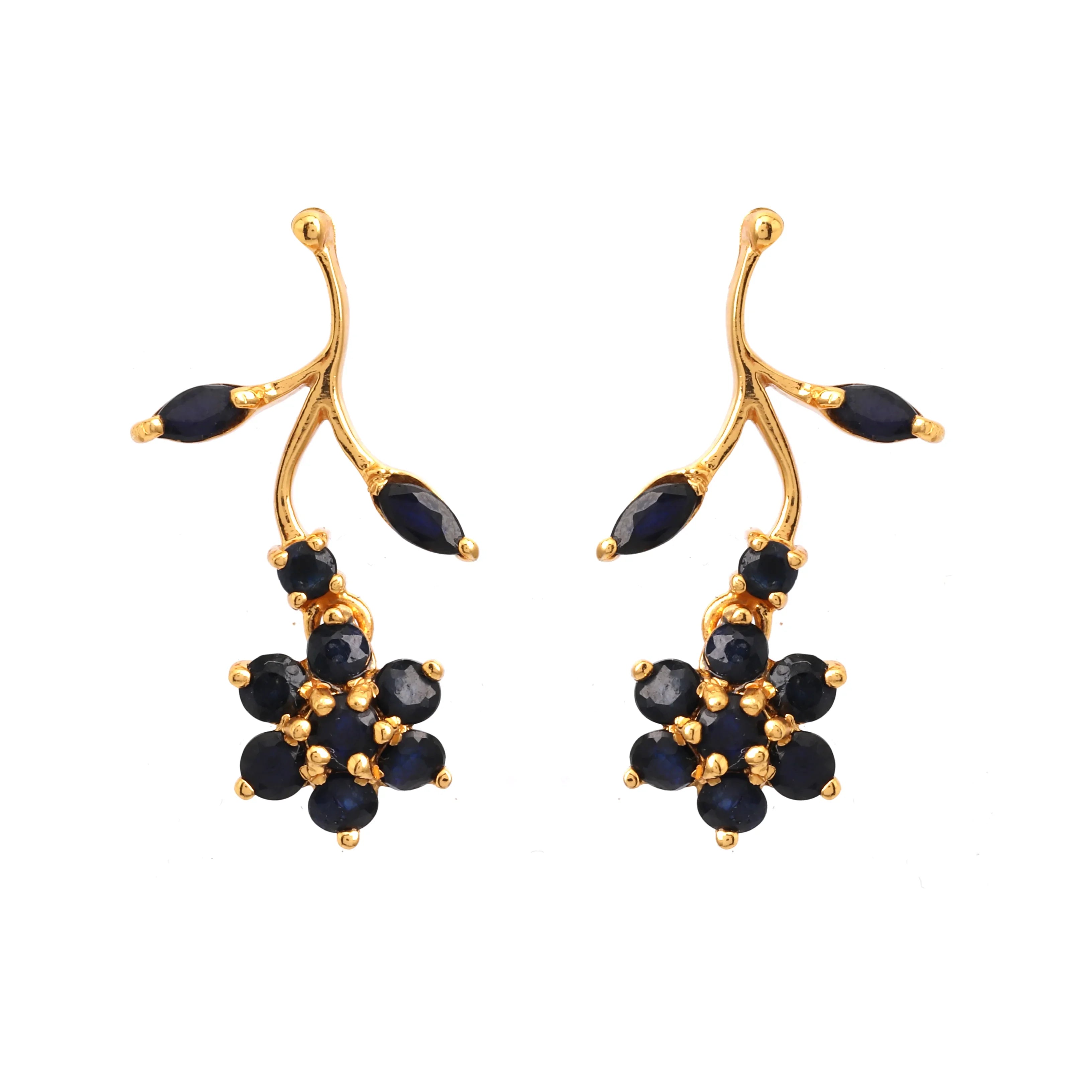 Gold plated blue sapphire cluster earrings with floral design