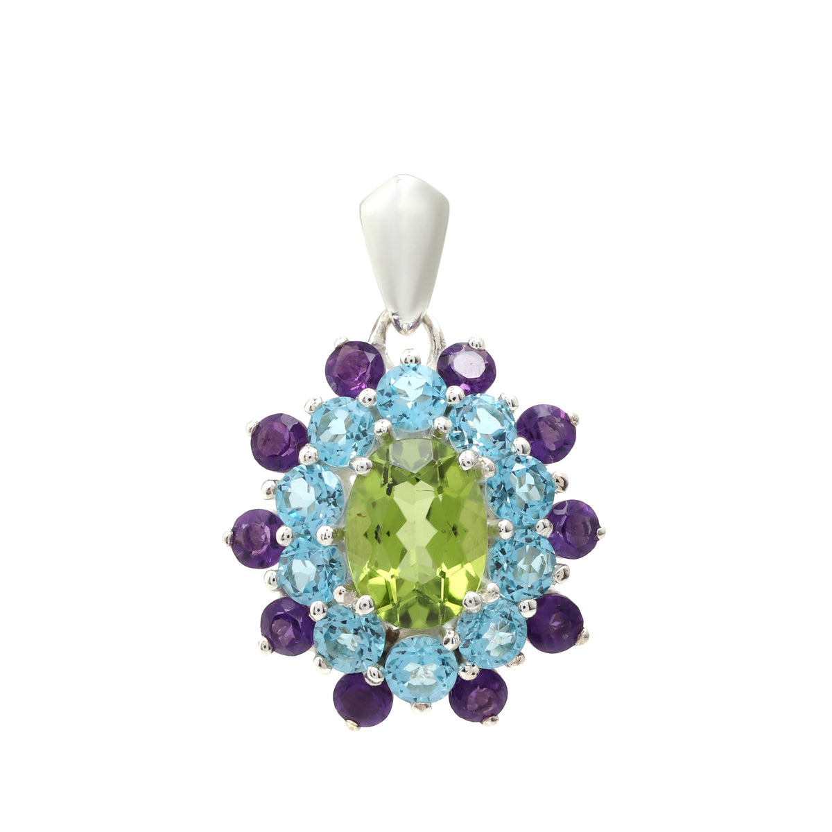 Peridot, Blue Topaz & Amethyst Flower Cluster Pendant in 925 Sterling Silver