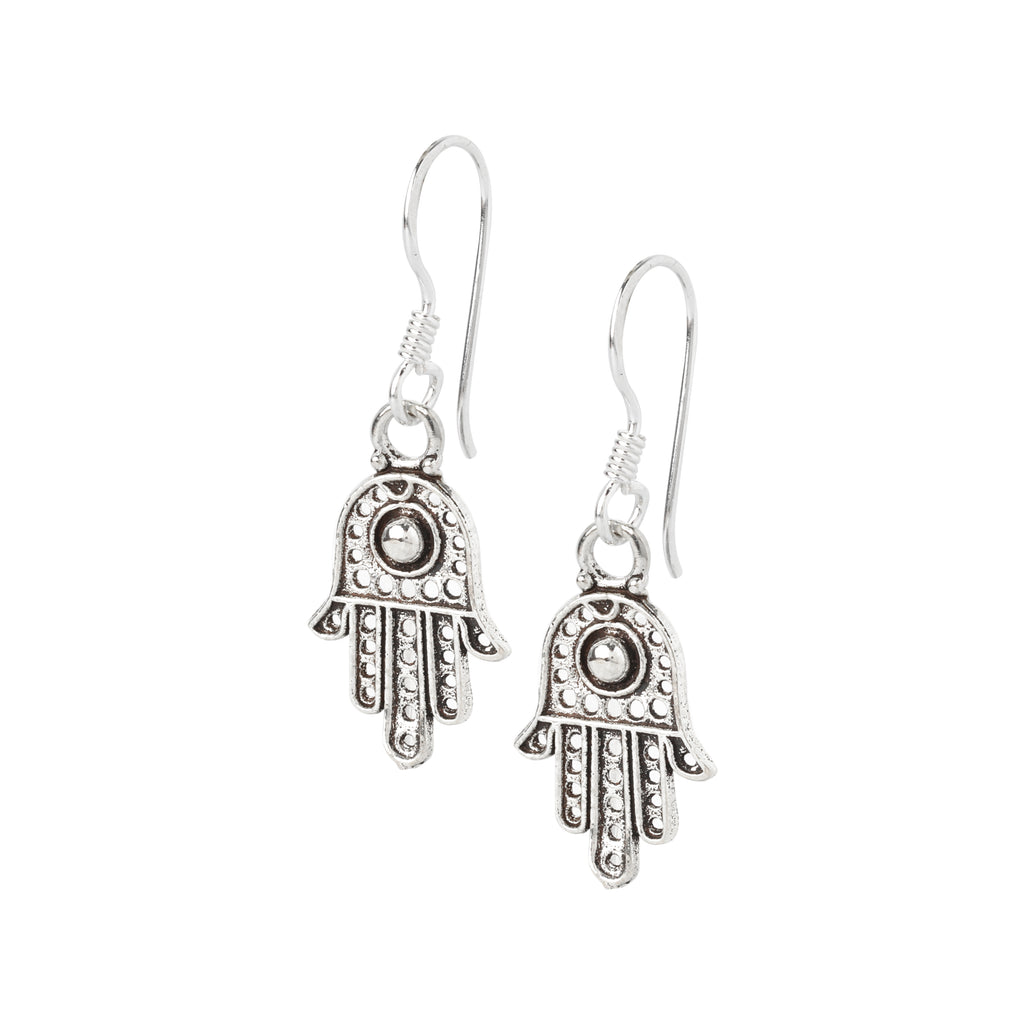 Detailed view of textured Hamsa hand motif in lightweight sterling silver earrings