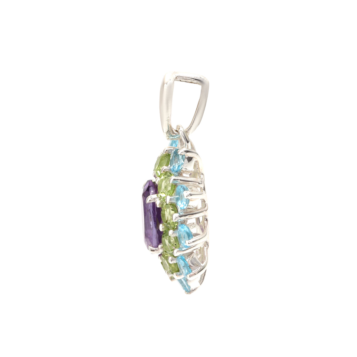 Amethyst, Peridot & Blue Topaz Flower Cluster Pendant in 925 Sterling Silver