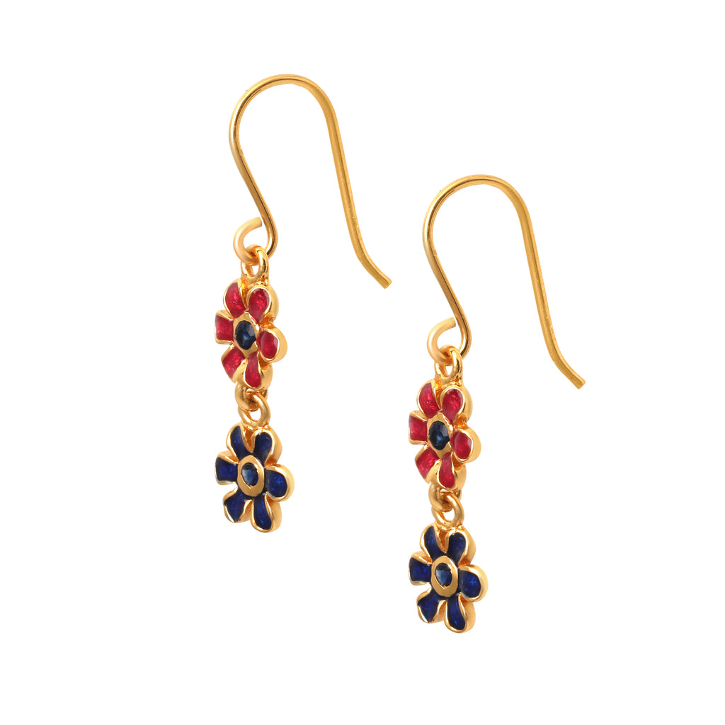 Handcrafted sapphire flower earrings with blue and red enamel accents
