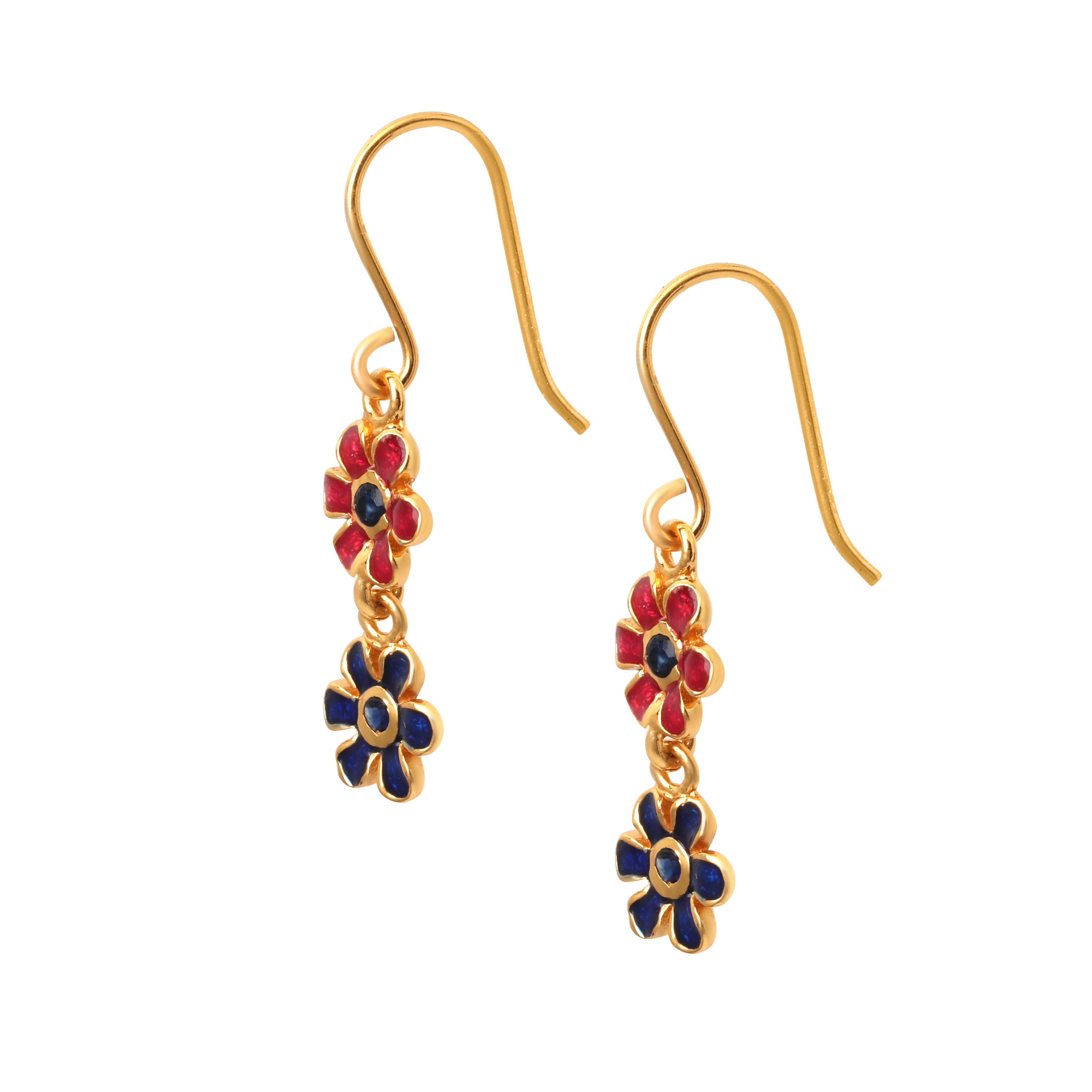 Handcrafted sapphire flower earrings with blue and red enamel accents