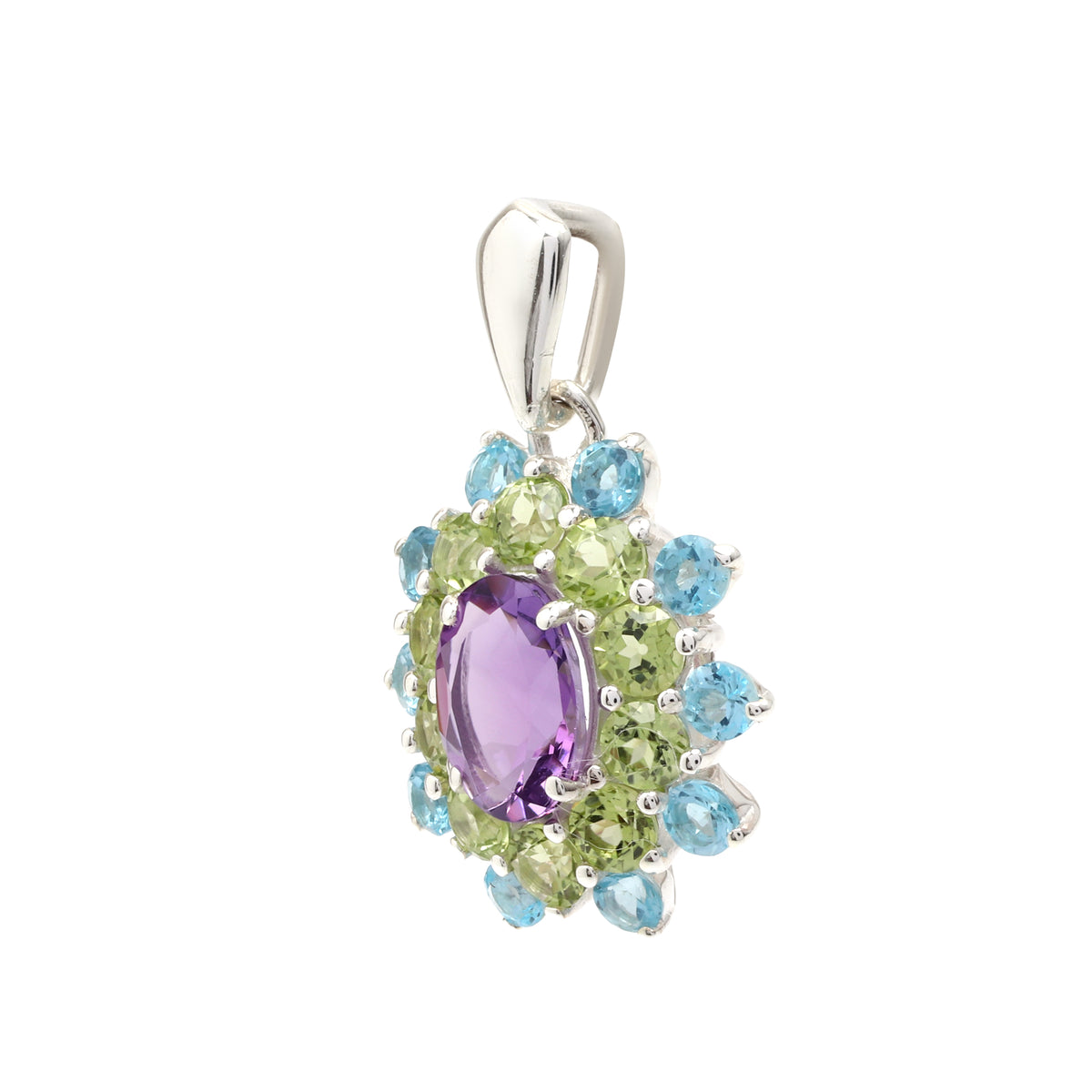 Amethyst, Peridot & Blue Topaz Flower Cluster Pendant in 925 Sterling Silver